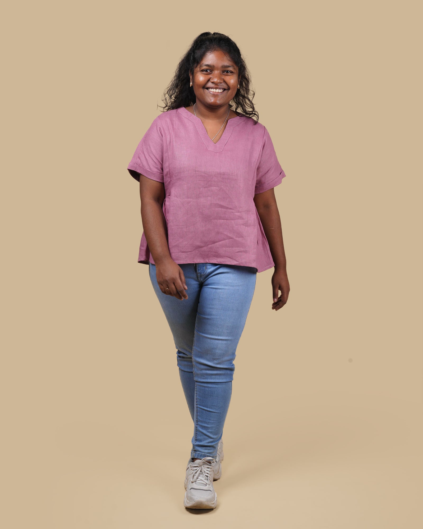 THE SOFT FLARE LINEN TOP - MAUVE