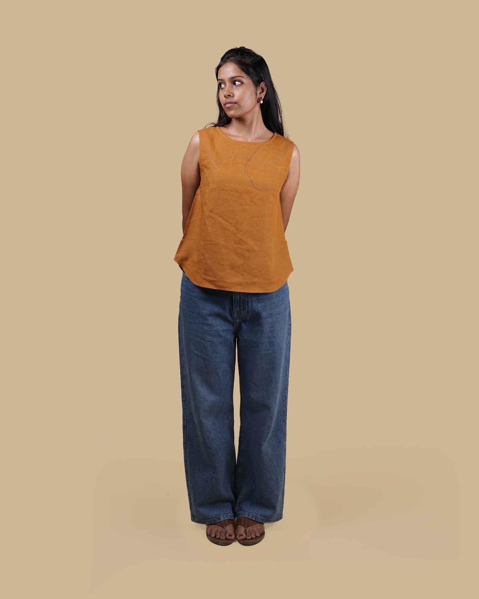 THE WANDER STITCH LINEN TOP - MUSTARD
