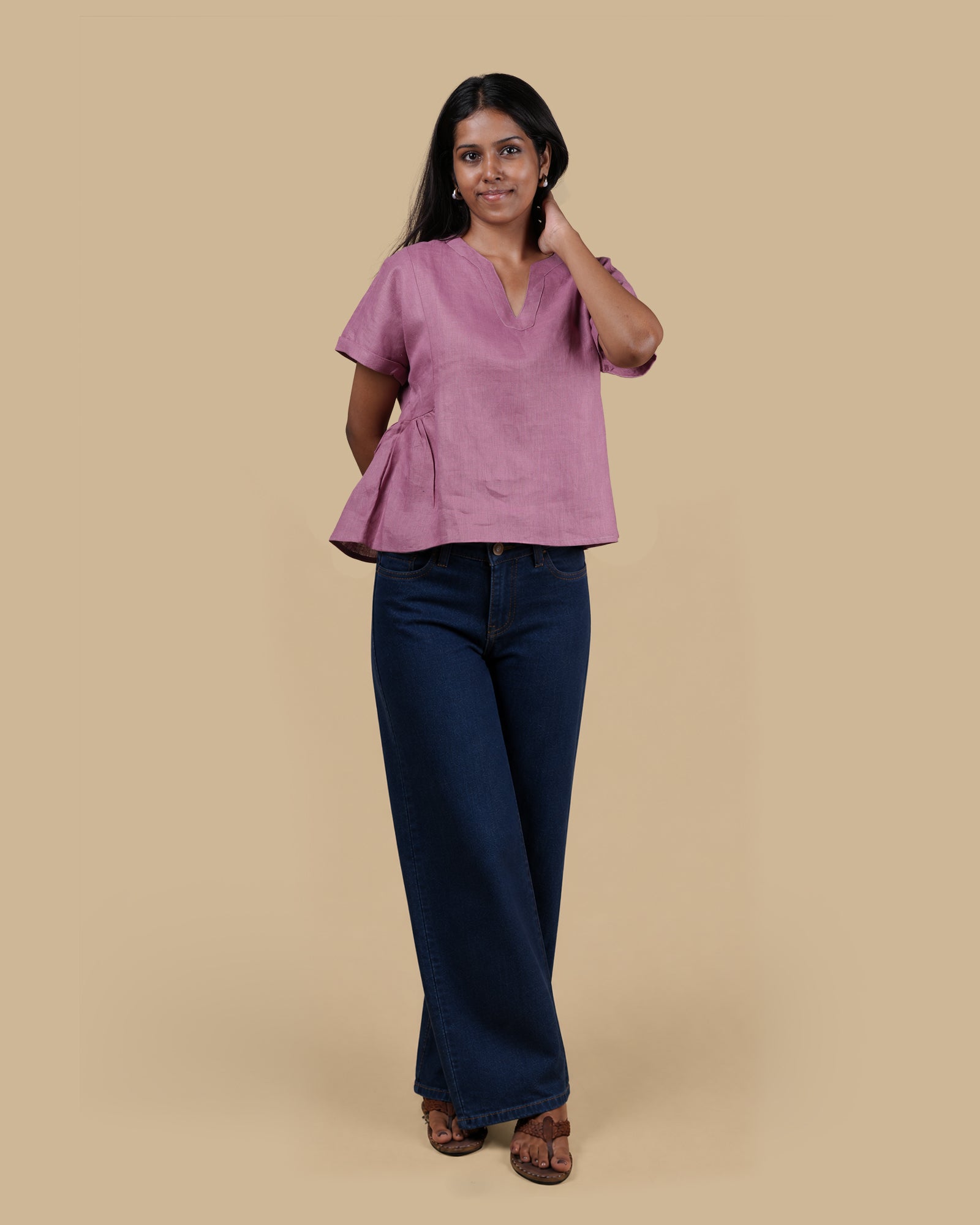 THE SOFT FLARE LINEN TOP - MAUVE
