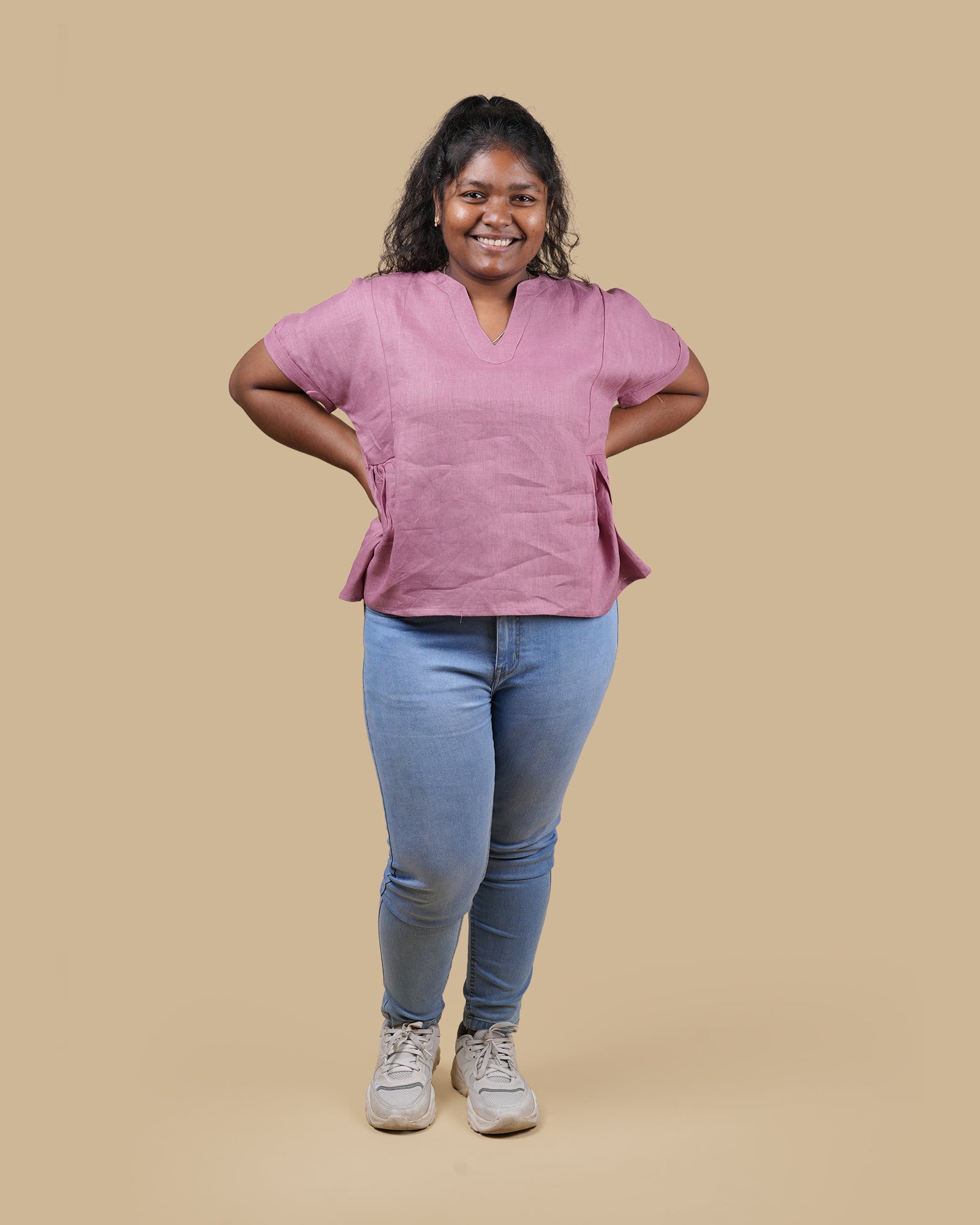 THE SOFT FLARE LINEN TOP - MAUVE