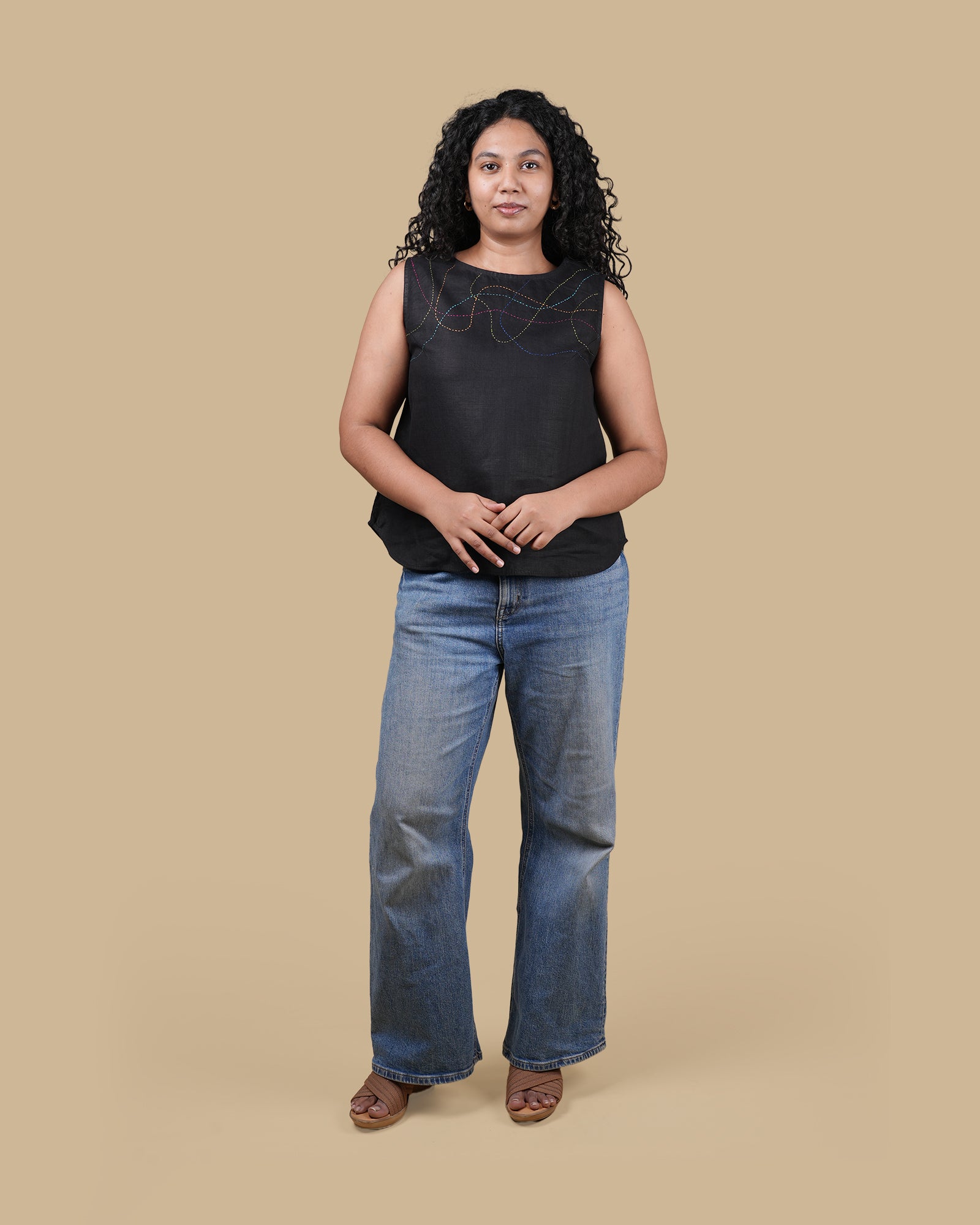 THE WANDER STITCH LINEN TOP - BLACK